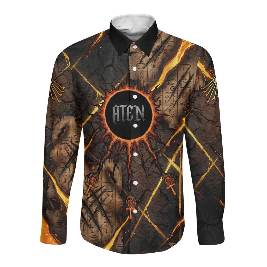 Aten Long Sleeve Button Shirt Ancient Egyptian Cracked Stone Hieroglyph, Solar Eclipse Emblem, and Radiant Sunburst - Wonder Print Shop