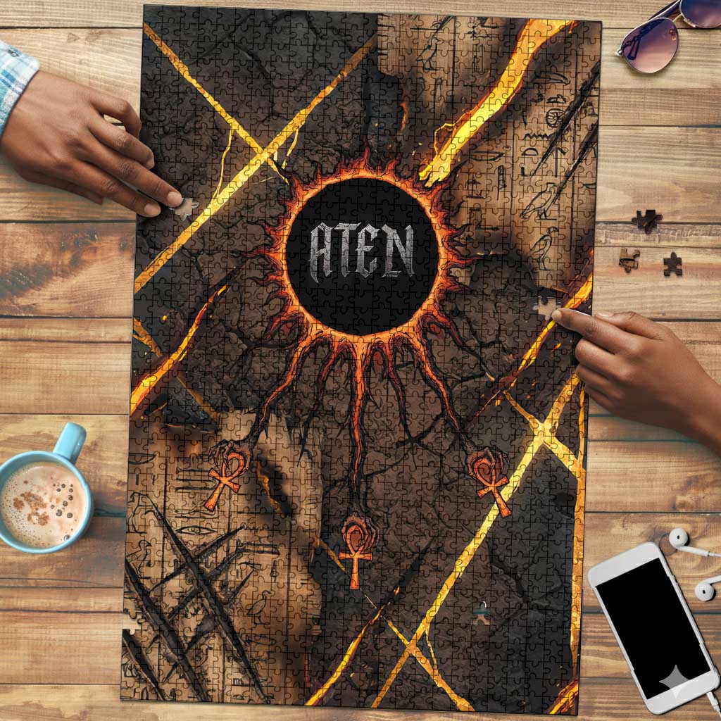 Aten Puzzle Ancient Egyptian Cracked Stone Hieroglyph, Solar Eclipse Emblem, and Radiant Sunburst - Wonder Print Shop