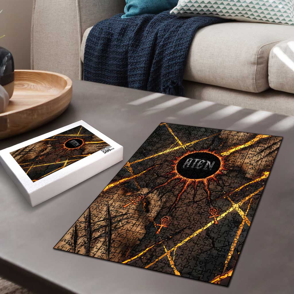 Aten Puzzle Ancient Egyptian Cracked Stone Hieroglyph, Solar Eclipse Emblem, and Radiant Sunburst - Wonder Print Shop
