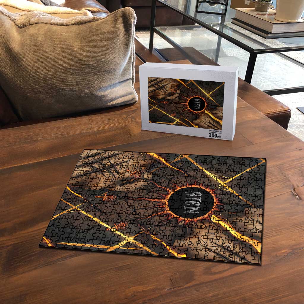 Aten Puzzle Ancient Egyptian Cracked Stone Hieroglyph, Solar Eclipse Emblem, and Radiant Sunburst - Wonder Print Shop