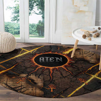 Aten Round Carpet Ancient Egyptian Cracked Stone Hieroglyph, Solar Eclipse Emblem, and Radiant Sunburst - Wonder Print Shop