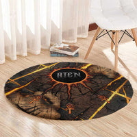 Aten Round Carpet Ancient Egyptian Cracked Stone Hieroglyph, Solar Eclipse Emblem, and Radiant Sunburst - Wonder Print Shop
