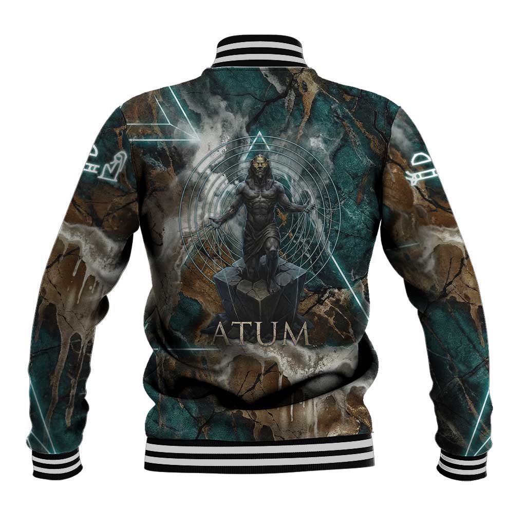 Atum Baseball Jacket Ancient Egyptian Teal Marble Smoke, Solar Barque Crown, Creator Deity Statue - Wonder Print Shop