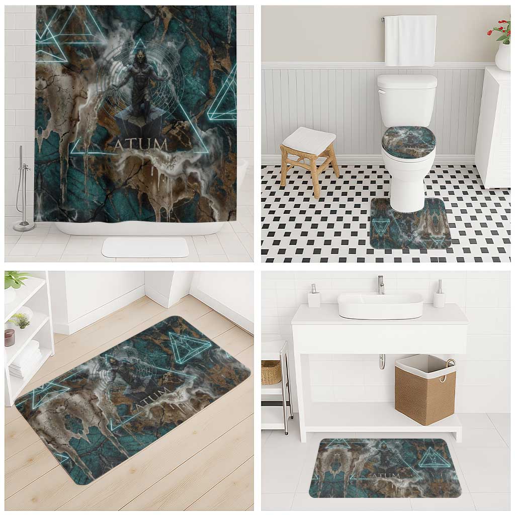 Atum Bathroom Set Ancient Egyptian Teal Marble Smoke, Solar Barque Crown, Creator Deity Statue - Wonder Print Shop