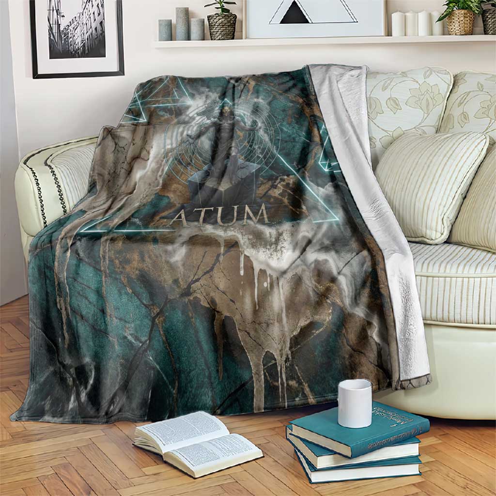 Atum Blanket Ancient Egyptian Teal Marble Smoke, Solar Barque Crown, Creator Deity Statue - Wonder Print Shop