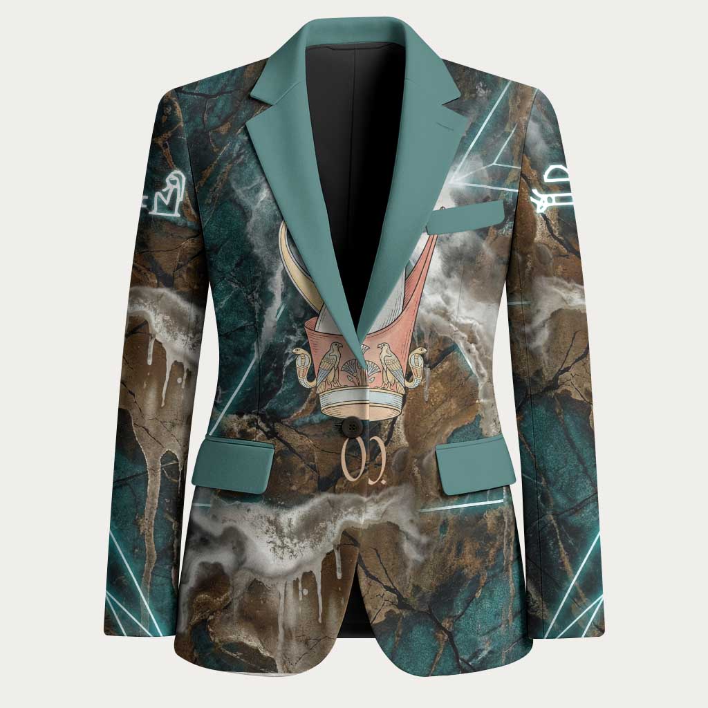 Atum Blazer Ancient Egyptian Teal Marble Smoke, Solar Barque Crown, Creator Deity Statue - Wonder Print Shop