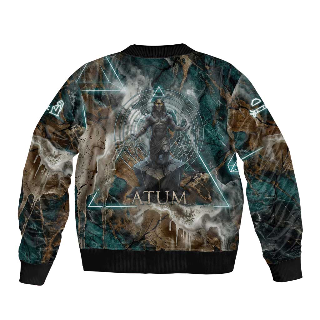 Atum Bomber Jacket Ancient Egyptian Teal Marble Smoke, Solar Barque Crown, Creator Deity Statue - Wonder Print Shop