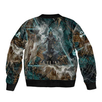Atum Bomber Jacket Ancient Egyptian Teal Marble Smoke, Solar Barque Crown, Creator Deity Statue - Wonder Print Shop