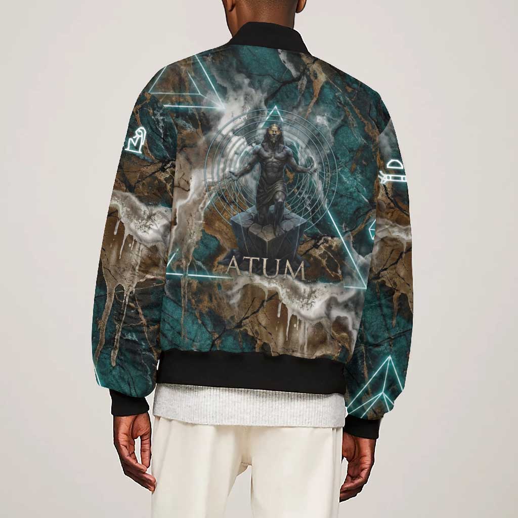 Atum Bomber Jacket Ancient Egyptian Teal Marble Smoke, Solar Barque Crown, Creator Deity Statue - Wonder Print Shop