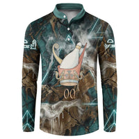 Atum Button Sweatshirt Ancient Egyptian Teal Marble Smoke, Solar Barque Crown, Creator Deity Statue