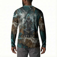 Atum Button Sweatshirt Ancient Egyptian Teal Marble Smoke, Solar Barque Crown, Creator Deity Statue