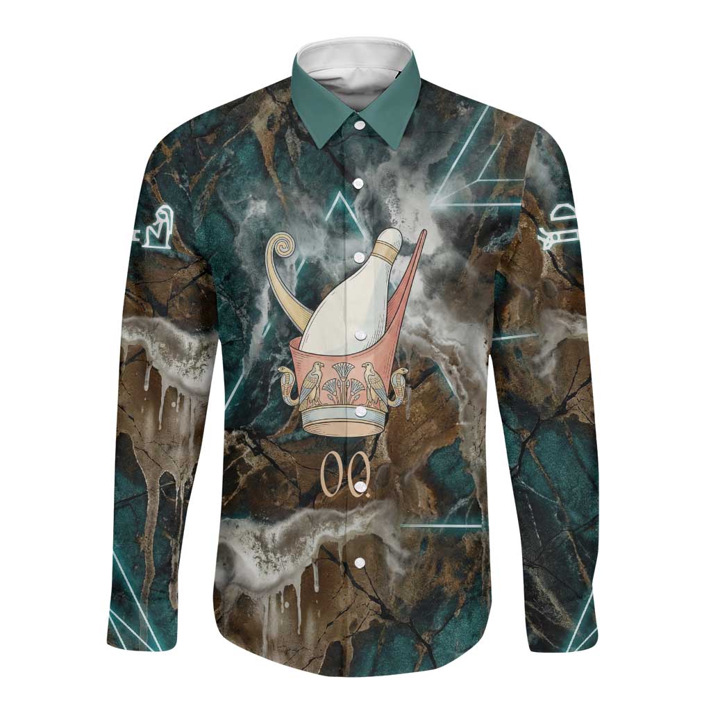 Atum Long Sleeve Button Shirt Ancient Egyptian Teal Marble Smoke, Solar Barque Crown, Creator Deity Statue - Wonder Print Shop