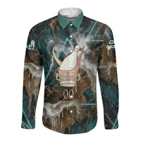 Atum Long Sleeve Button Shirt Ancient Egyptian Teal Marble Smoke, Solar Barque Crown, Creator Deity Statue - Wonder Print Shop