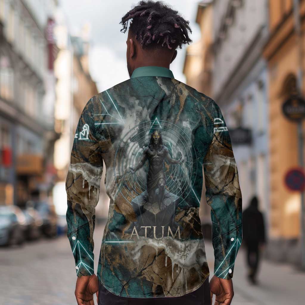Atum Long Sleeve Button Shirt Ancient Egyptian Teal Marble Smoke, Solar Barque Crown, Creator Deity Statue - Wonder Print Shop
