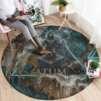 Atum Round Carpet Ancient Egyptian Teal Marble Smoke, Solar Barque Crown, Creator Deity Statue - Wonder Print Shop