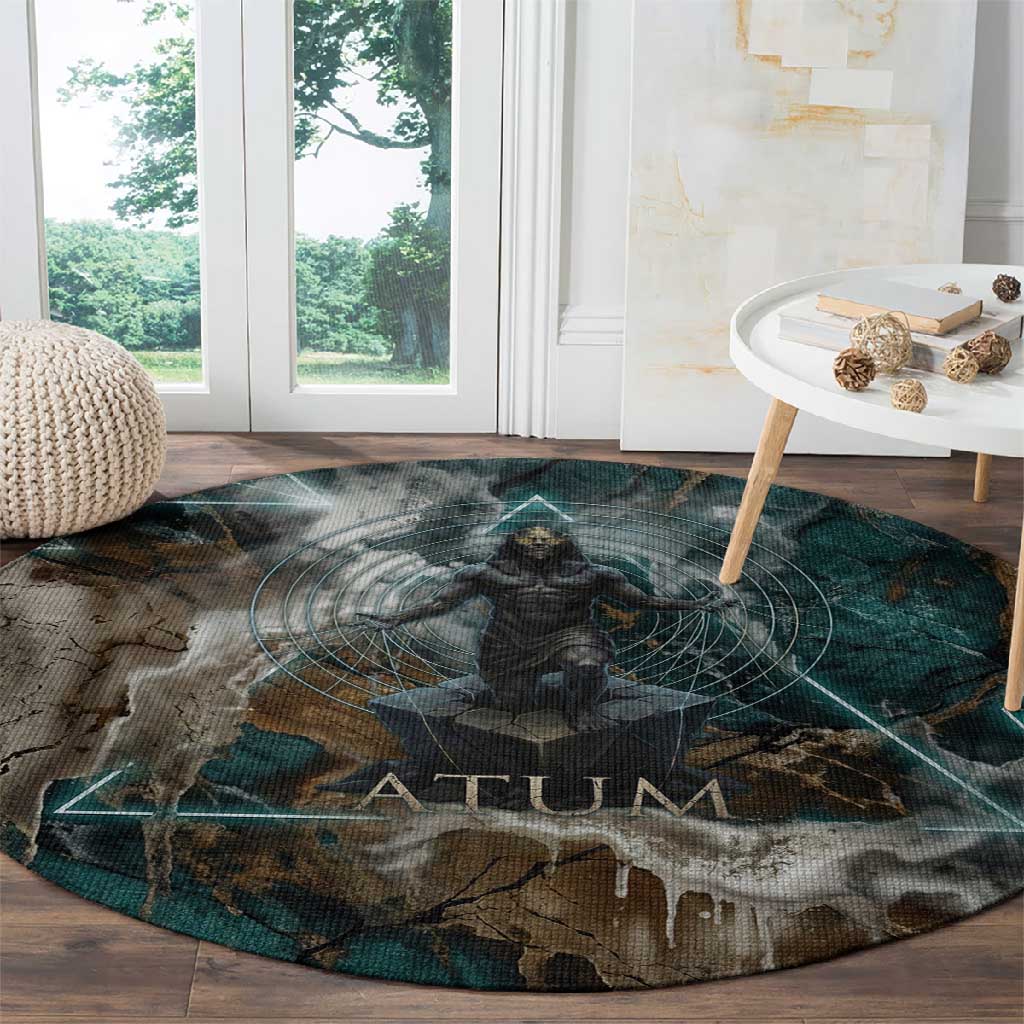 Atum Round Carpet Ancient Egyptian Teal Marble Smoke, Solar Barque Crown, Creator Deity Statue - Wonder Print Shop
