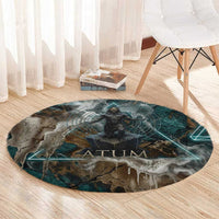 Atum Round Carpet Ancient Egyptian Teal Marble Smoke, Solar Barque Crown, Creator Deity Statue - Wonder Print Shop