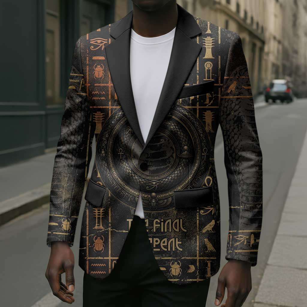 Atum Ancient Egyptian Blazer with Dark Hieroglyph Grid, Ouroboros Serpent Ring and The Final Serpent - Wonder Print Shop