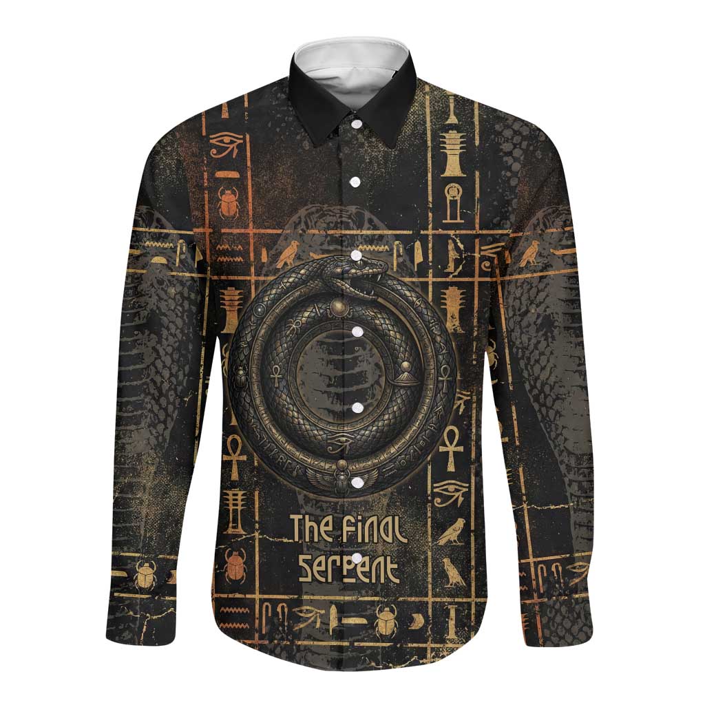 Atum Ancient Egyptian Long Sleeve Button Shirt with Dark Hieroglyph Grid, Ouroboros Serpent Ring and The Final Serpent - Wonder Print Shop