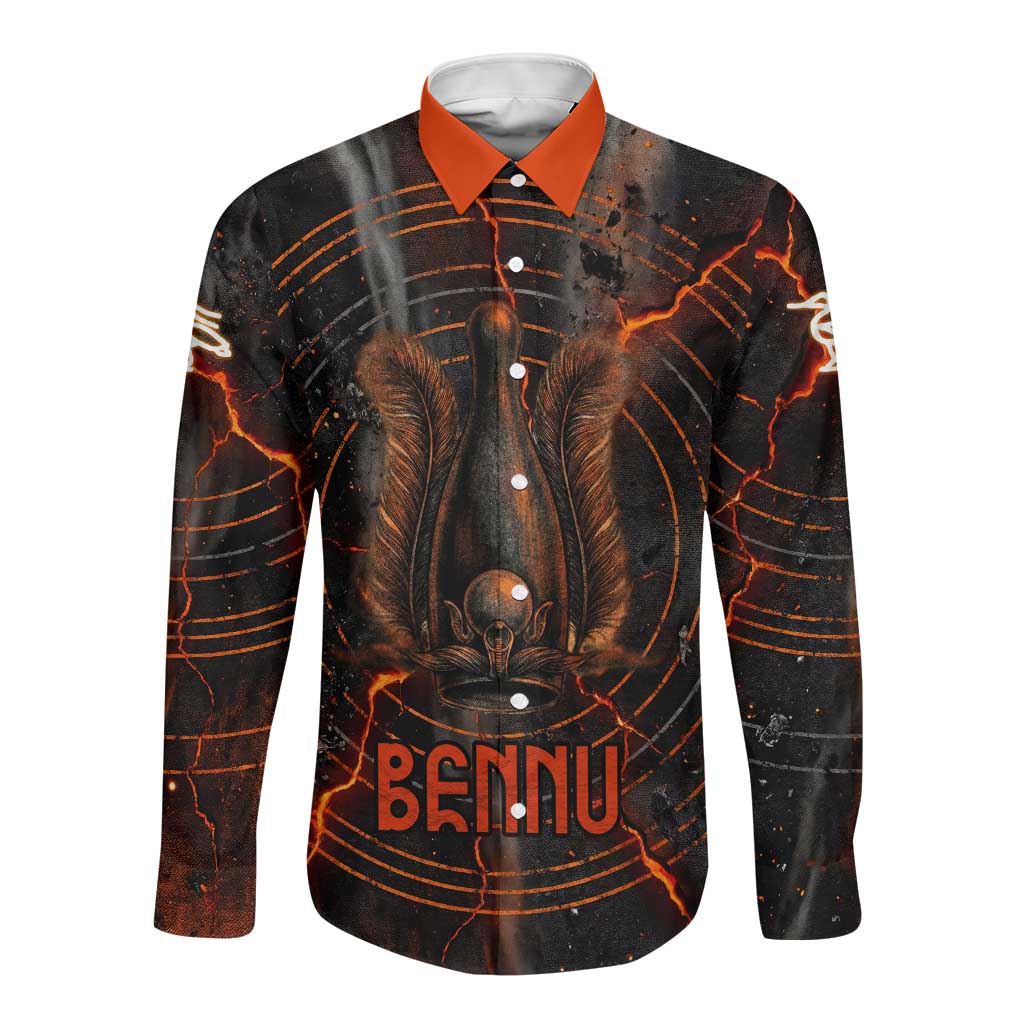 Bennu Long Sleeve Button Shirt Ancient Egyptian Lava Crack Texture, Phoenix Firebird and Reborn from Chaos - Wonder Print Shop