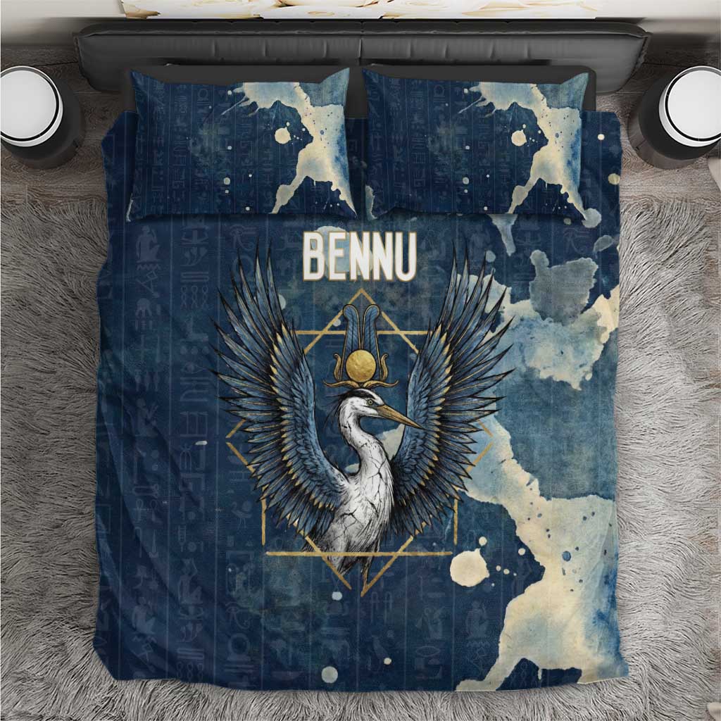Bennu Ancient Egyptian Bedding Set with Deep Blue Ink Wash, Winged Bennu Bird and Soul of Ra - Wonder Print Shop