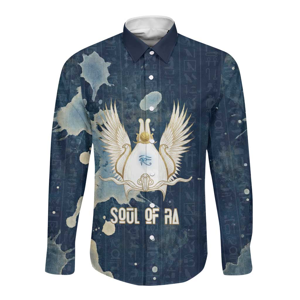 Bennu Ancient Egyptian Long Sleeve Button Shirt with Deep Blue Ink Wash, Winged Bennu Bird and Soul of Ra - Wonder Print Shop