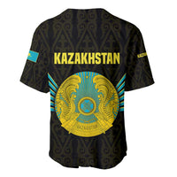 Black baseball jersey with gold circular eagle emblem, KAZAKHSTAN lettering and teal accents