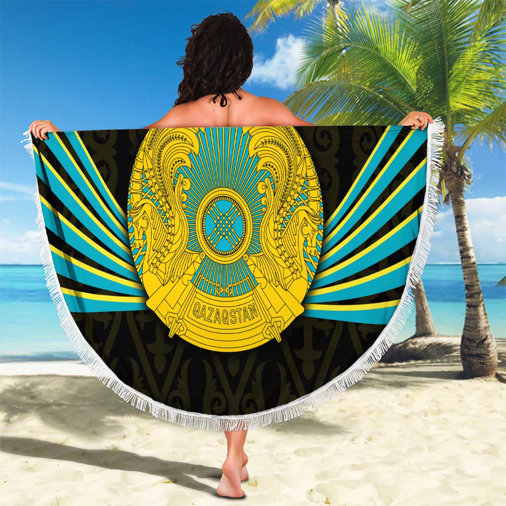 Kazakhstan National Emblem Beach Blanket with Black Tribal Pattern and Sun Eagle Motif
