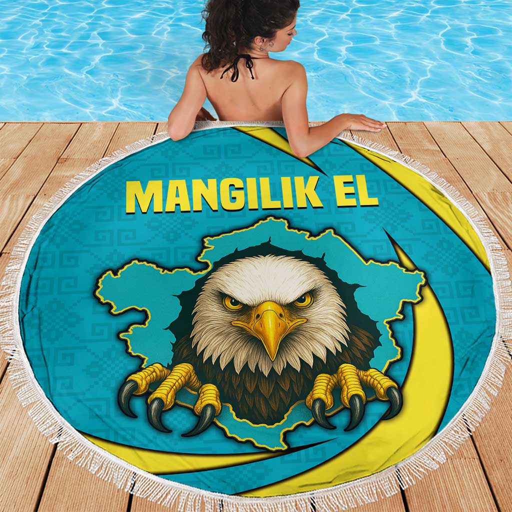 Kazakhstan National Flag Beach Blanket with Mangilik El Bald Eagle and Blue Tribal Pattern