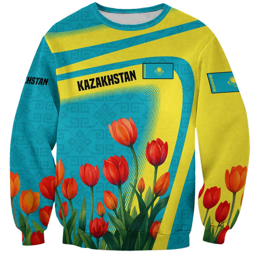 Kazakhstan National Flag Sweatshirt with Red Tulip Bloom and Blue Yellow Ethnic Motif