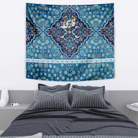 Rectangular blue mosaic tapestry with central calligraphy medallion and scalloped trim