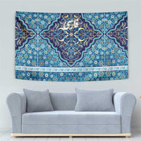 Blue Persian mosaic tapestry with ornate calligraphy medallion and patterned border strip