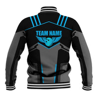 Custom Bowling Team Baseball Jacket with Blue Bowling Pin Heartbeat Graphic and Winged Emblem - Wonder Print Shop