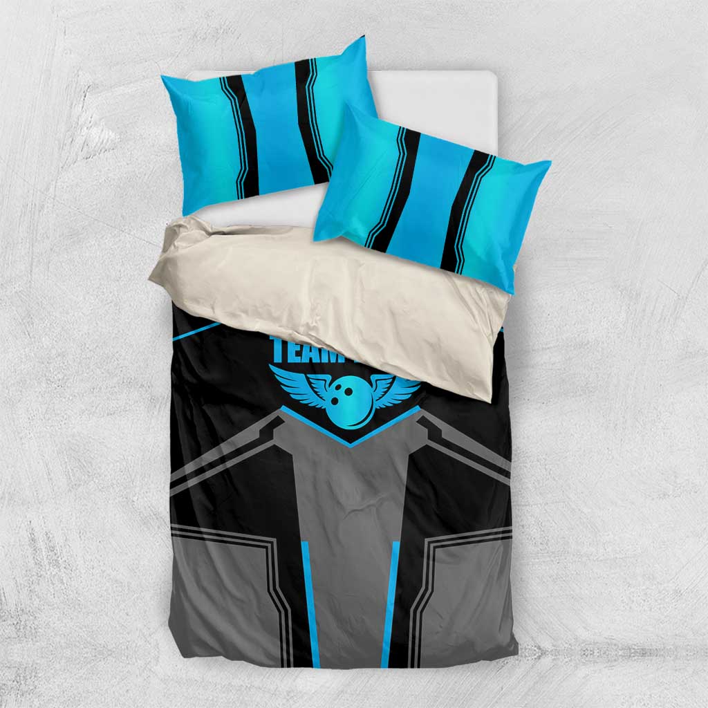 Custom Bowling Team Bedding Set with Blue Bowling Pin Heartbeat Graphic and Winged Emblem - Wonder Print Shop