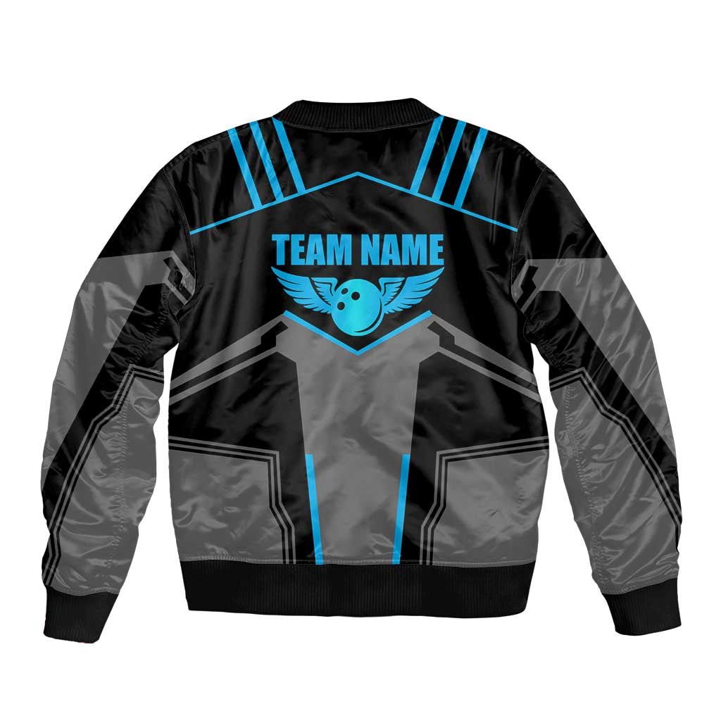 Custom Bowling Team Bomber Jacket with Blue Bowling Pin Heartbeat Graphic and Winged Emblem - Wonder Print Shop