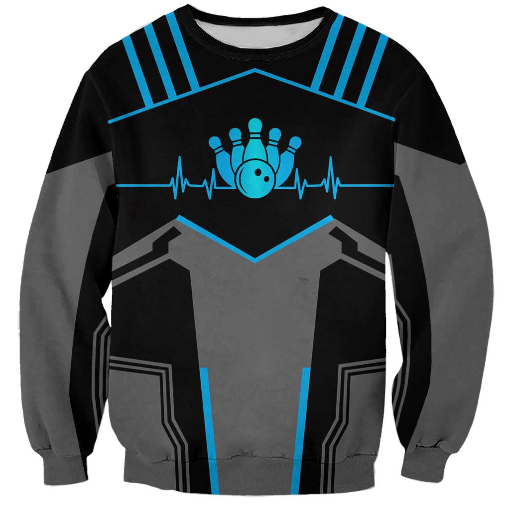 Unisex black sweatshirt with blue bowling pin heartbeat and geometric emblem graphic