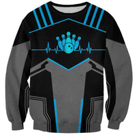 Unisex black sweatshirt with blue bowling pin heartbeat and geometric emblem graphic