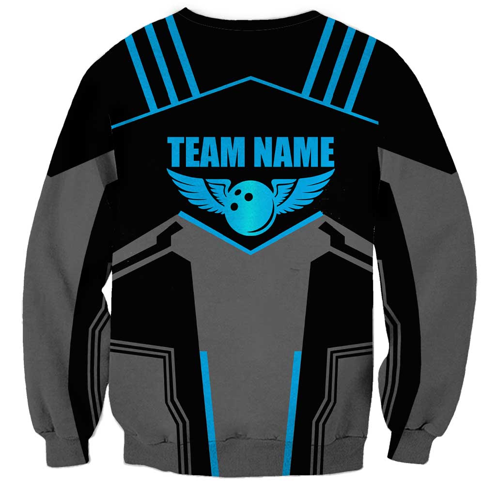 Unisex black sweatshirt with TEAM NAME text and blue winged bowling pin emblem