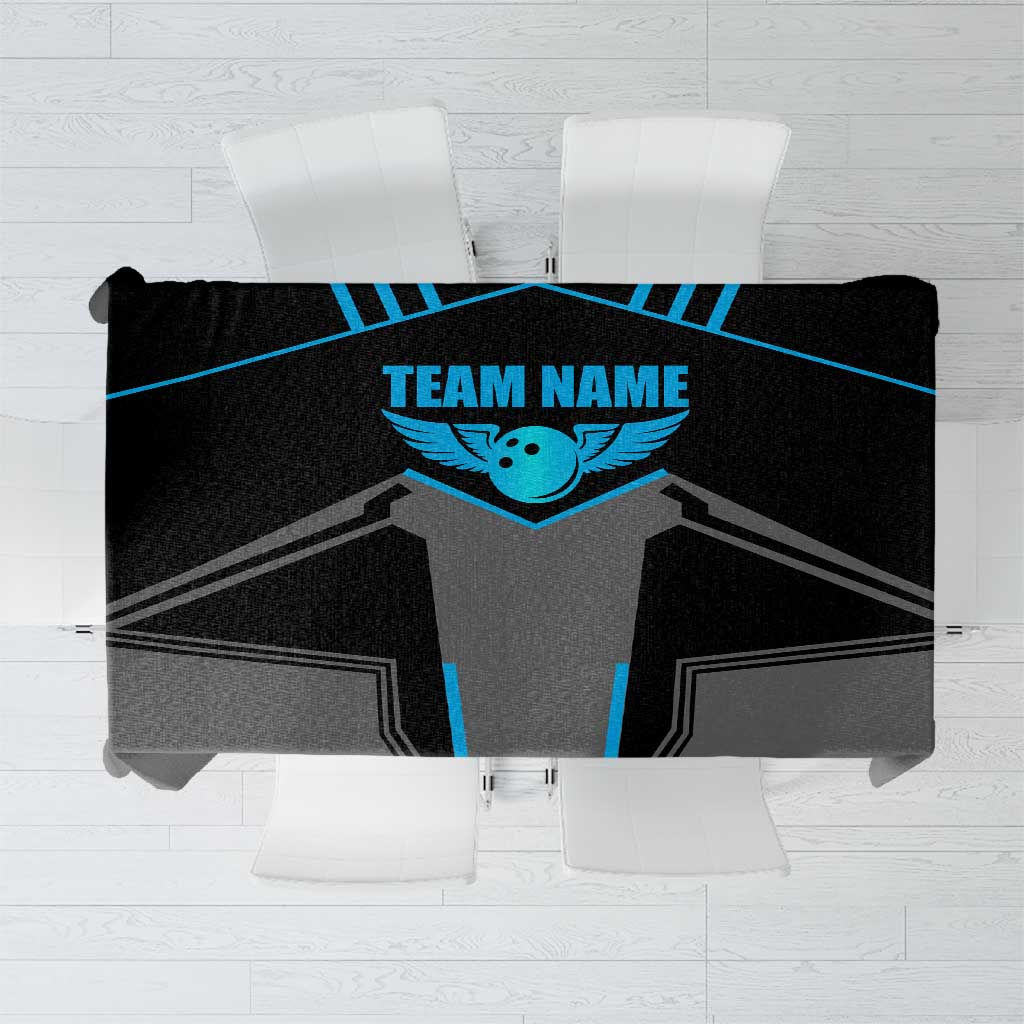 Black and blue bowling team tablecloth with winged emblem heartbeat graphic