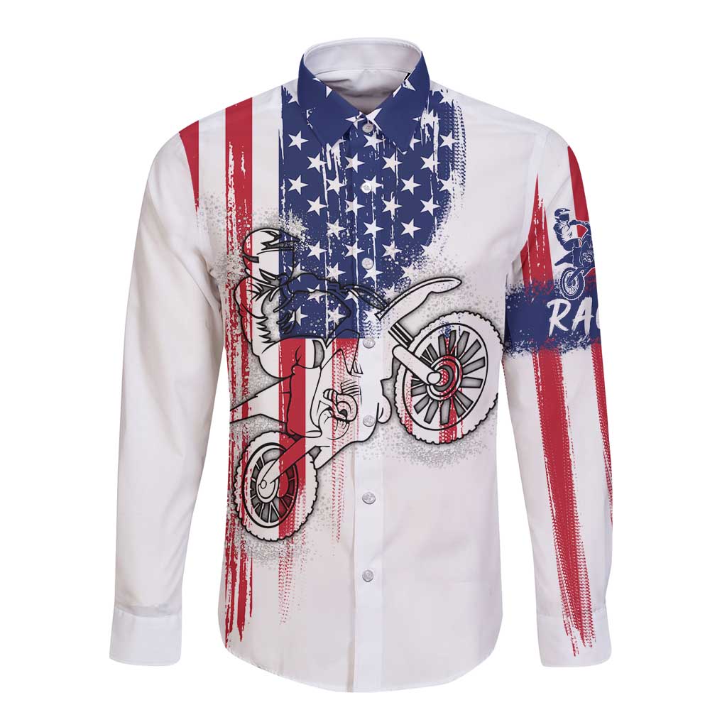 Motocross Rider Graphic Dirtbike Racing Long Sleeve Button Shirt with Distressed American Flag and Custom Number - Wonder Print Shop