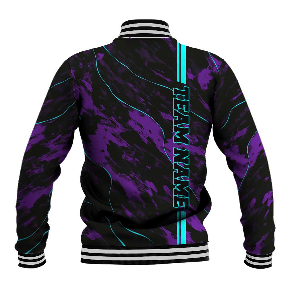 Strike Bowling Graphic Baseball Jacket with Purple Black Marble Texture and Custom Team Name - Wonder Print Shop