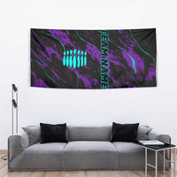 Purple and black bowling graphic tapestry with cyan stripe, pin cluster, and TS04 lettering