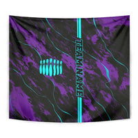 Purple and black bowling graphic tapestry with cyan stripe and TS04 vertical text