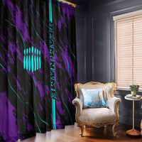 Purple-black marble bowling curtain panels with teal bowling pins and vertical TS04 text