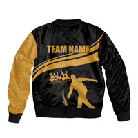 Bowling Player Silhouette Bomber Jacket with Gold Strike Motion and Custom Team Name Design - Wonder Print Shop
