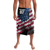 Custom motocross shorts with American flag grunge print, black waistband, name and #07