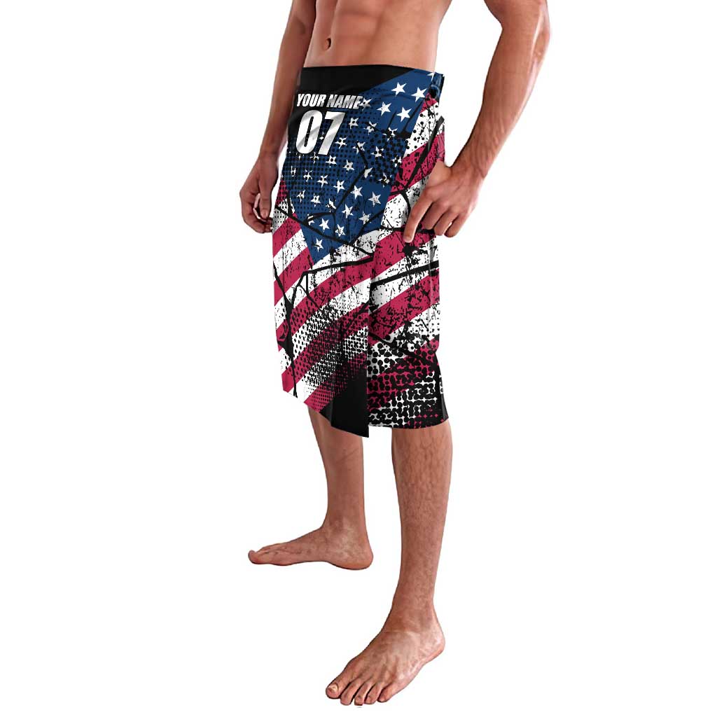 Motocross shorts with American flag grunge print, black waistband, name and #07