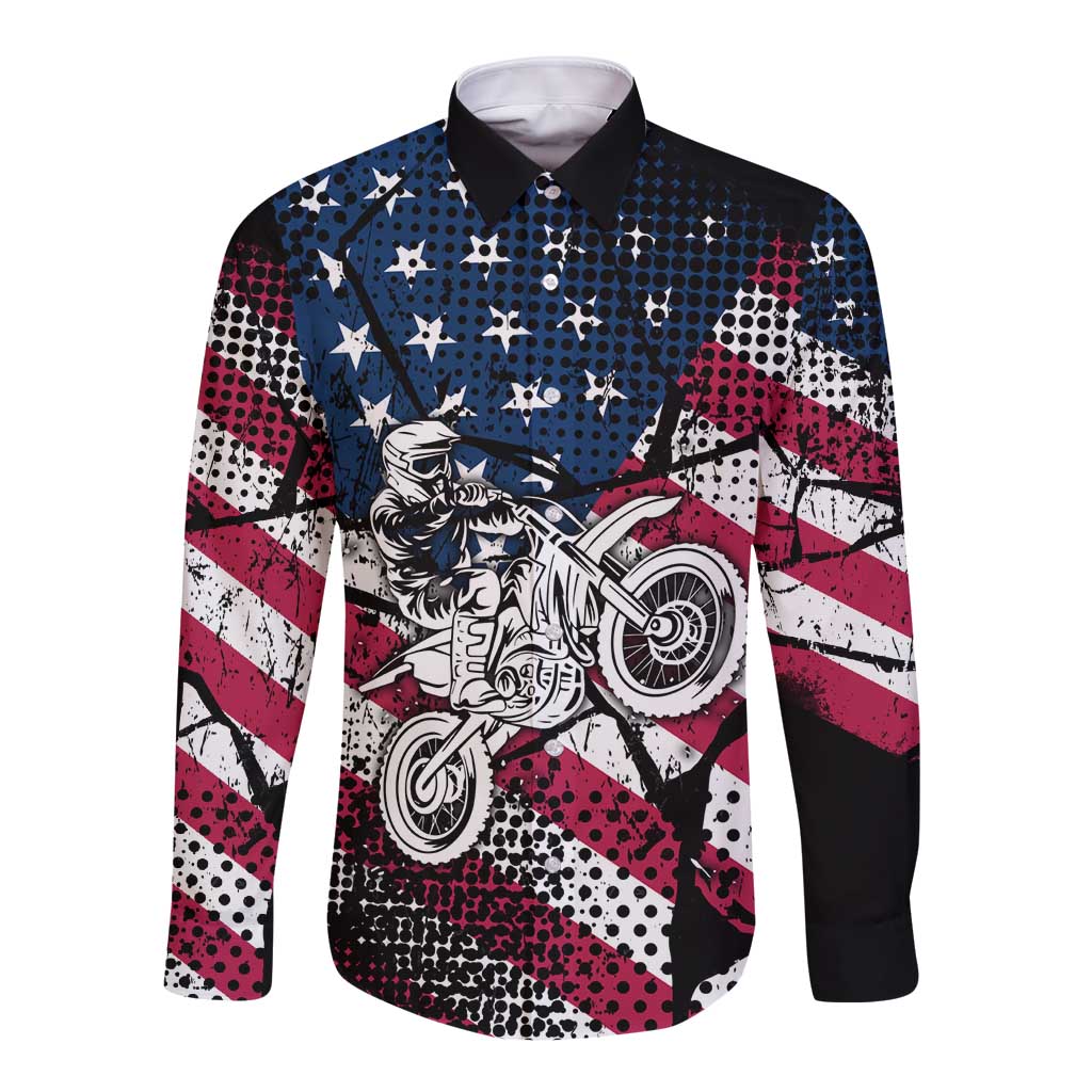 Motocross Rider Long Sleeve Button Shirt with American Flag Grunge Pattern and Custom Name Number - Wonder Print Shop