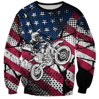 Unisex motocross sweatshirt with grunge American flag rider graphic, multicolor long sleeves