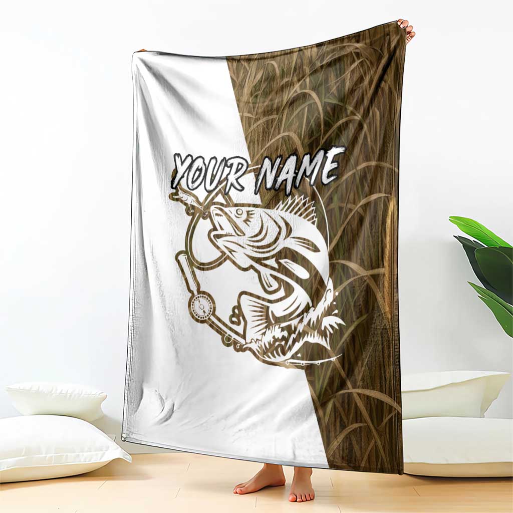 Walleye Fishing Blanket with Reeds Background and Custom Name Design - Wonder Print Shop